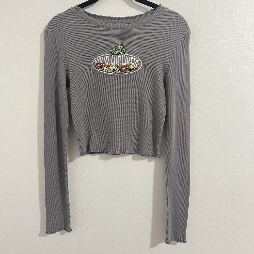 Your Highness Thermal Waffle Crop Top Size M Gray Y2K Grunge Frog Print Band